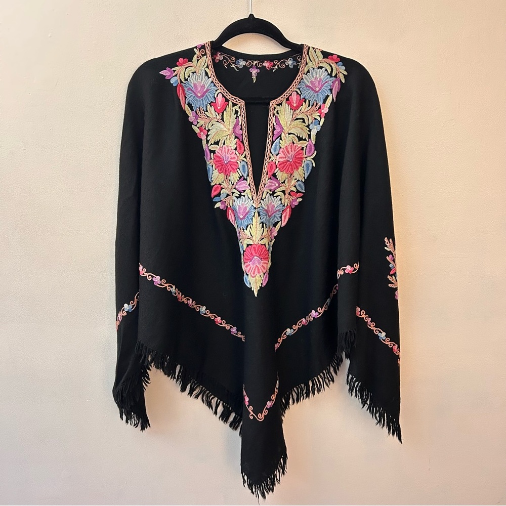 Black wool floral embroidered fringed poncho shrug one size fits most